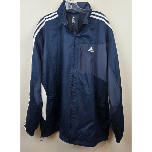 adidas Other - Adidas Mens Navy Blue Full Zip Track Jacket Windbreaker Hooded 3-Stripe Size 2XL